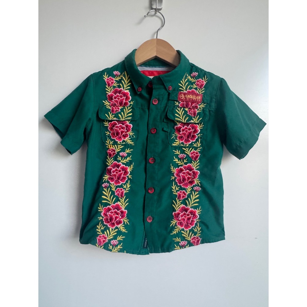 Magellan Outdoors Kids Green Floral Embroidered Fishing Shirt Western Boho 4